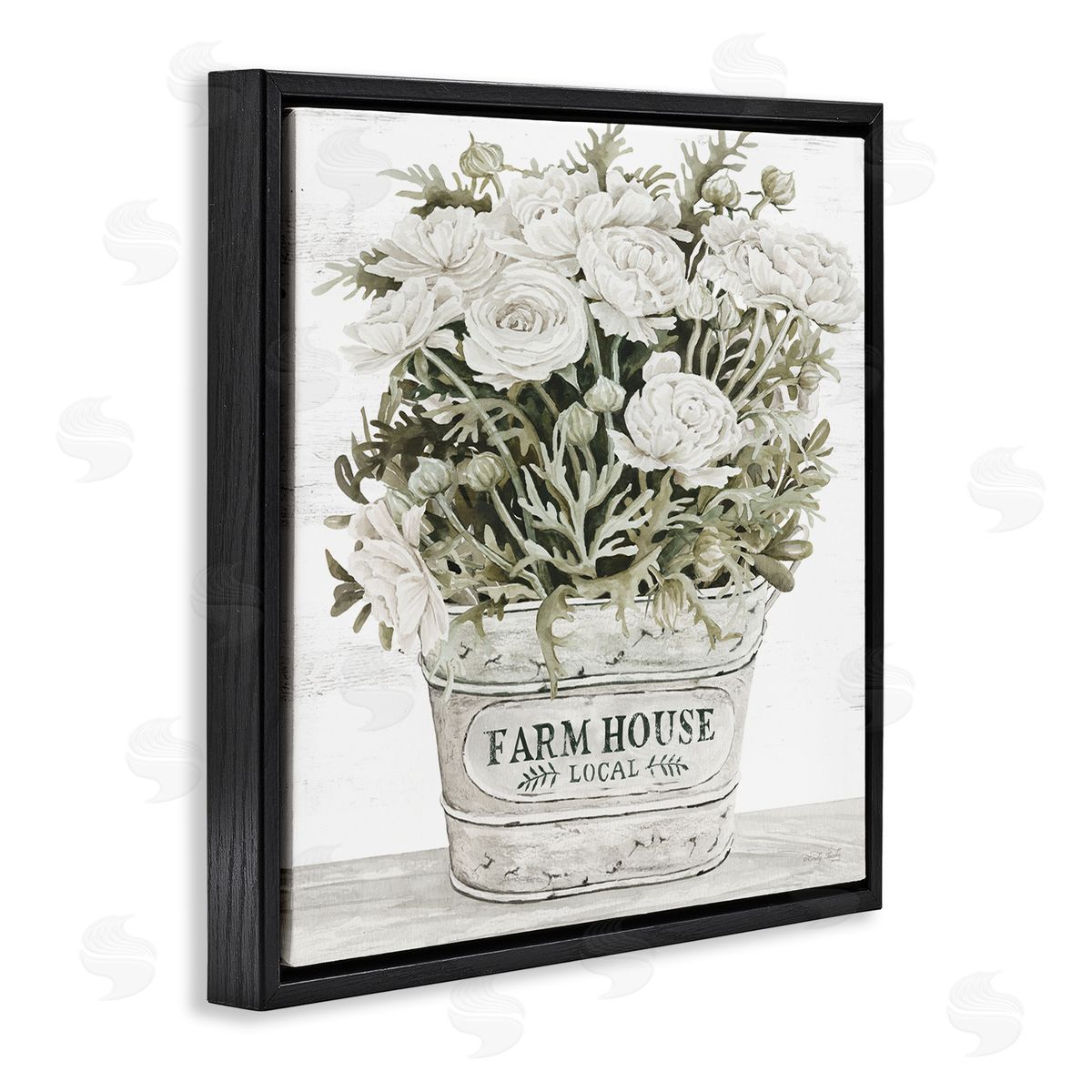 Farmhouse Planter White Rose Blossoms Black Floating Frame Canvas Wall Art, Home Decor by Cindy Jacobs