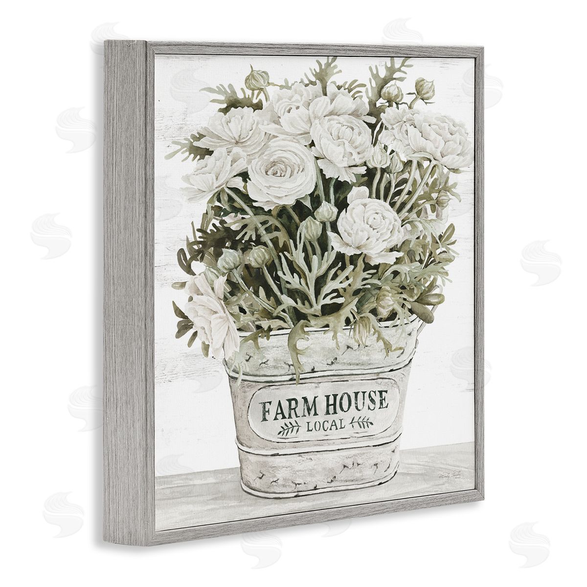 Farmhouse Planter White Rose Blossoms Grey Frame Print Wall Art, Home Decor by Cindy Jacobs