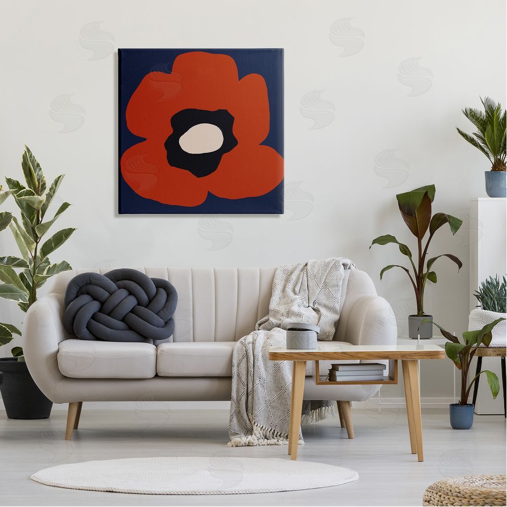 Deborah Velasquez Bold Red Flower Blossom Modern Geometric Shapes Canvas Wall Art in Room