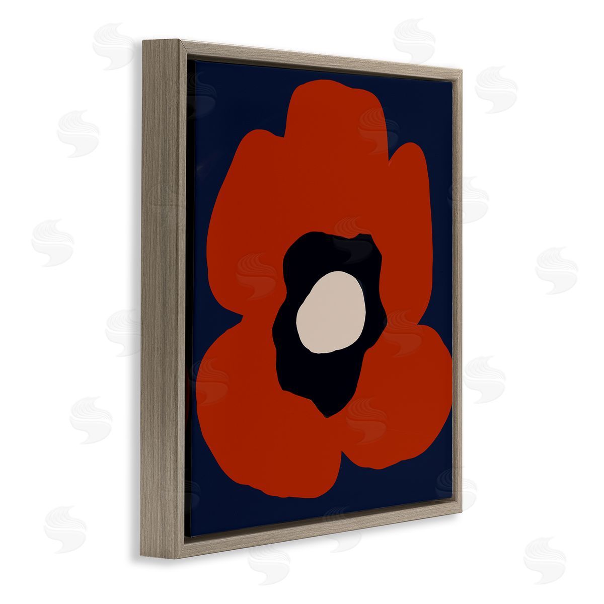 Deborah Velasquez Bold Red Flower Blossom Modern Geometric Shapes Brown Floating Frame Canvas Wall Art Print
