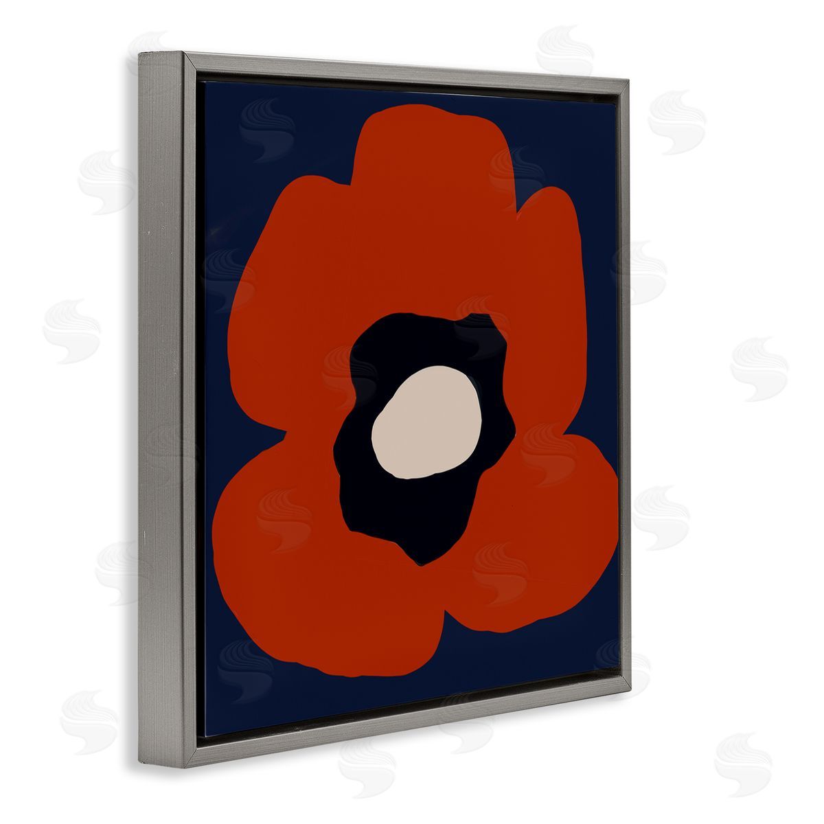 Deborah Velasquez Bold Red Flower Blossom Modern Geometric Shapes Gray Floating Frame Canvas Wall Art Print