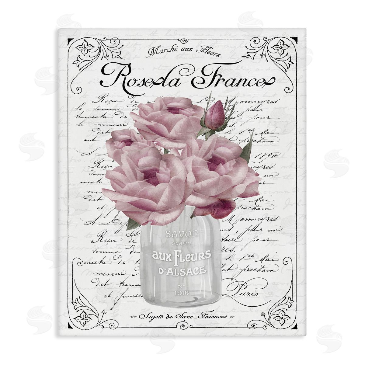 Lettered and Lined Pink Roses Bouquet French Words Fancy Script  Stretched Canvas Wall Art Print