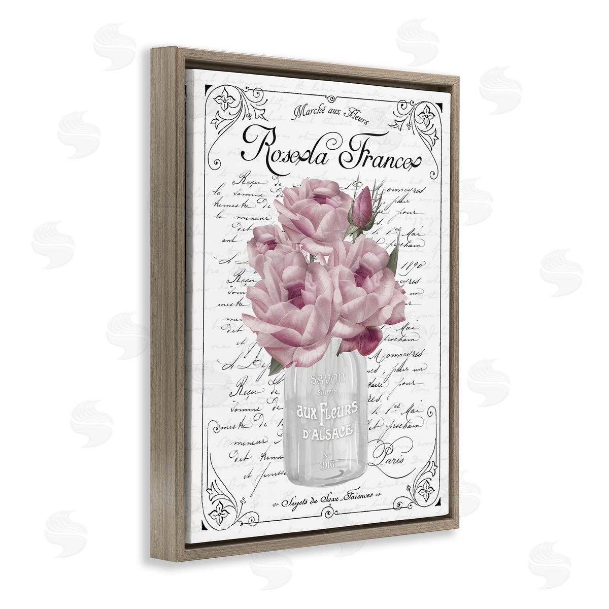 Lettered and Lined Pink Roses Bouquet French Words Fancy Script  Brown Floating Frame Canvas Wall Art Print