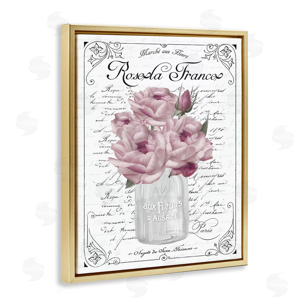 Lettered and Lined Pink Roses Bouquet French Words Fancy Script  Gold Floating Frame Canvas Wall Art Print