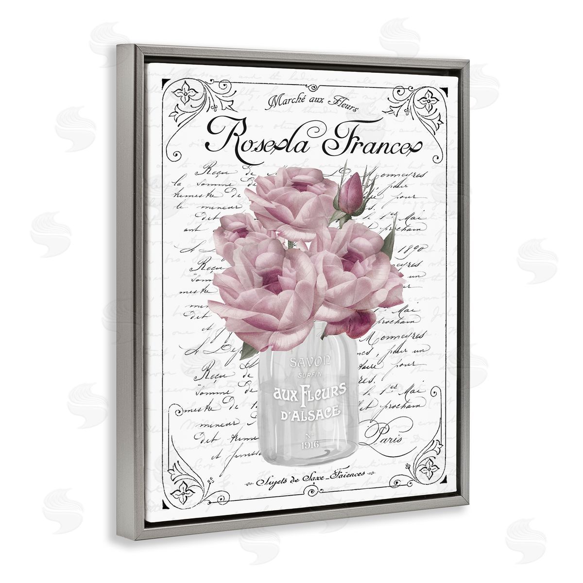 Lettered and Lined Pink Roses Bouquet French Words Fancy Script  Gray Floating Frame Canvas Wall Art Print