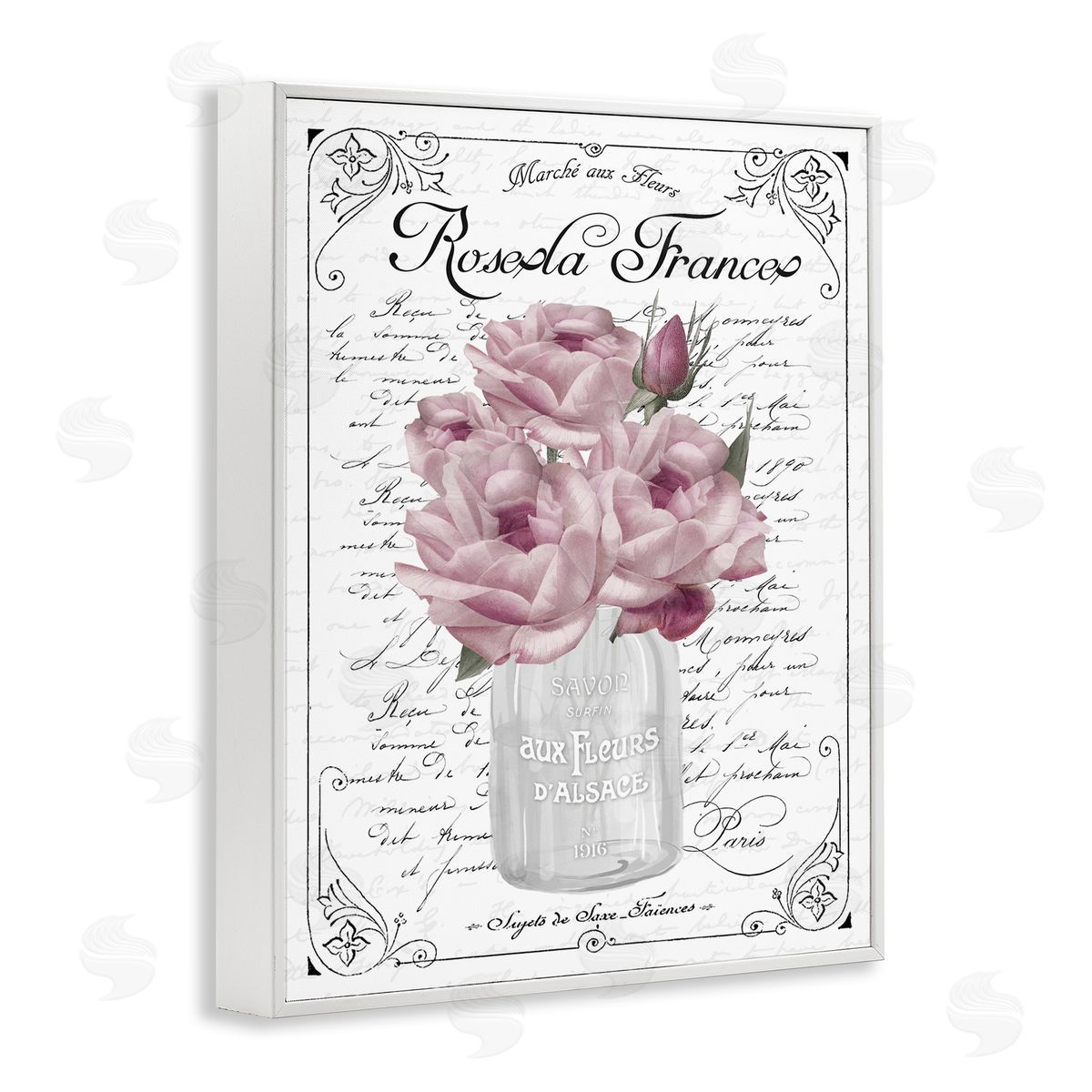 Lettered and Lined Pink Roses Bouquet French Words Fancy Script  White Framed Giclee Wall Art Print