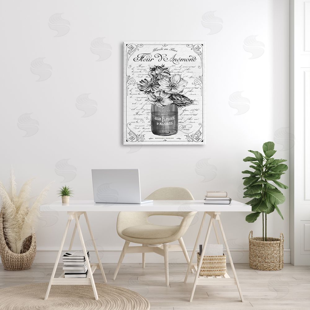 Lettered and Lined Anemone Flower French Text Fancy Floral   Canvas Wall Art Print in Room