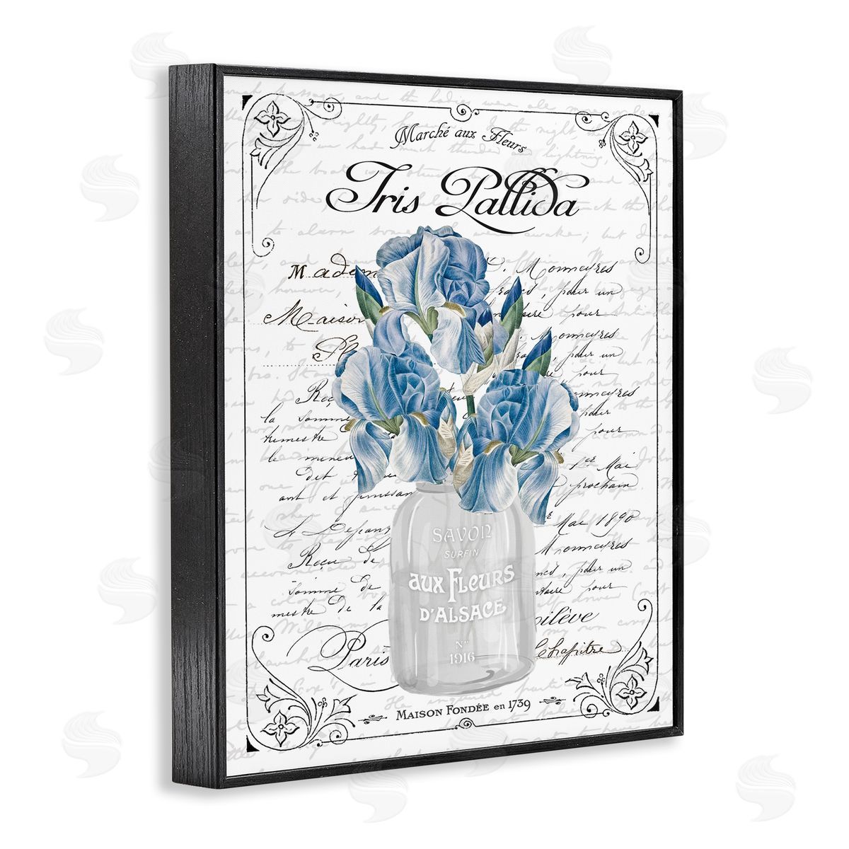 Lettered and Lined Delicate Iris Flower Bouquet Ornate French Script  Black Framed Giclee Wall Art Print