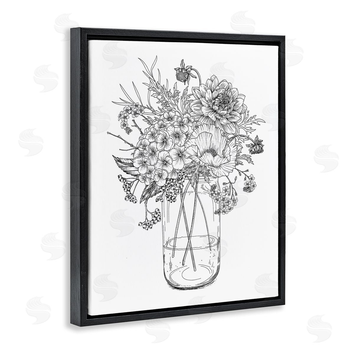 Lettered and Lined Detailed Varied Flower Bouquet Blossoming Wildflower Blooms Black Floating Frame Canvas Wall Art Print