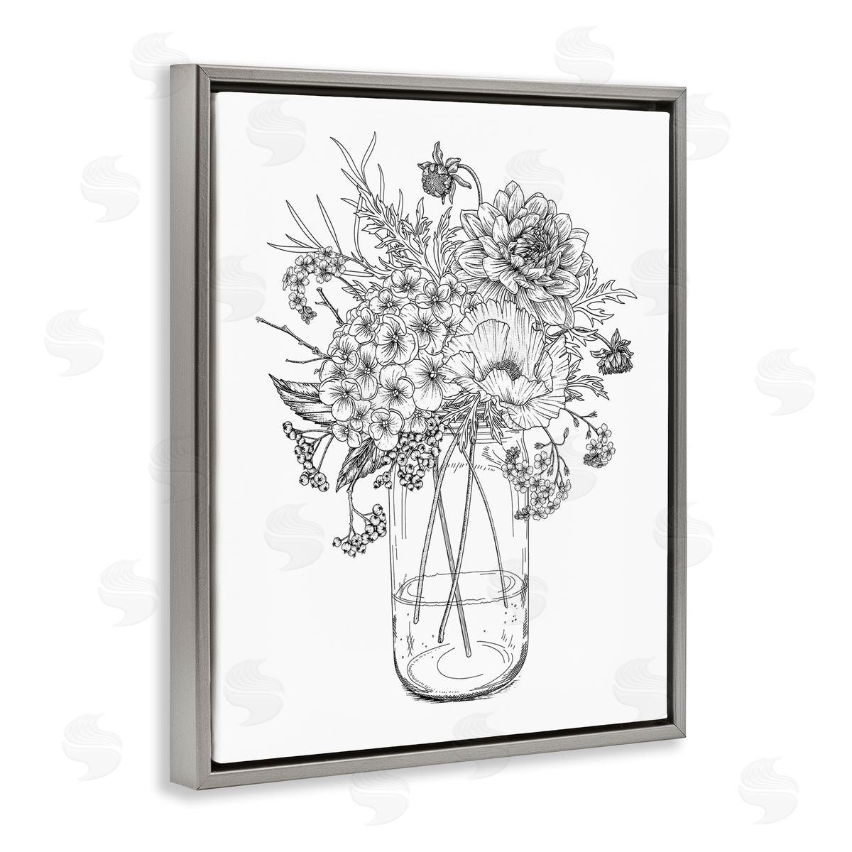 Lettered and Lined Detailed Varied Flower Bouquet Blossoming Wildflower Blooms Gray Floating Frame Canvas Wall Art Print