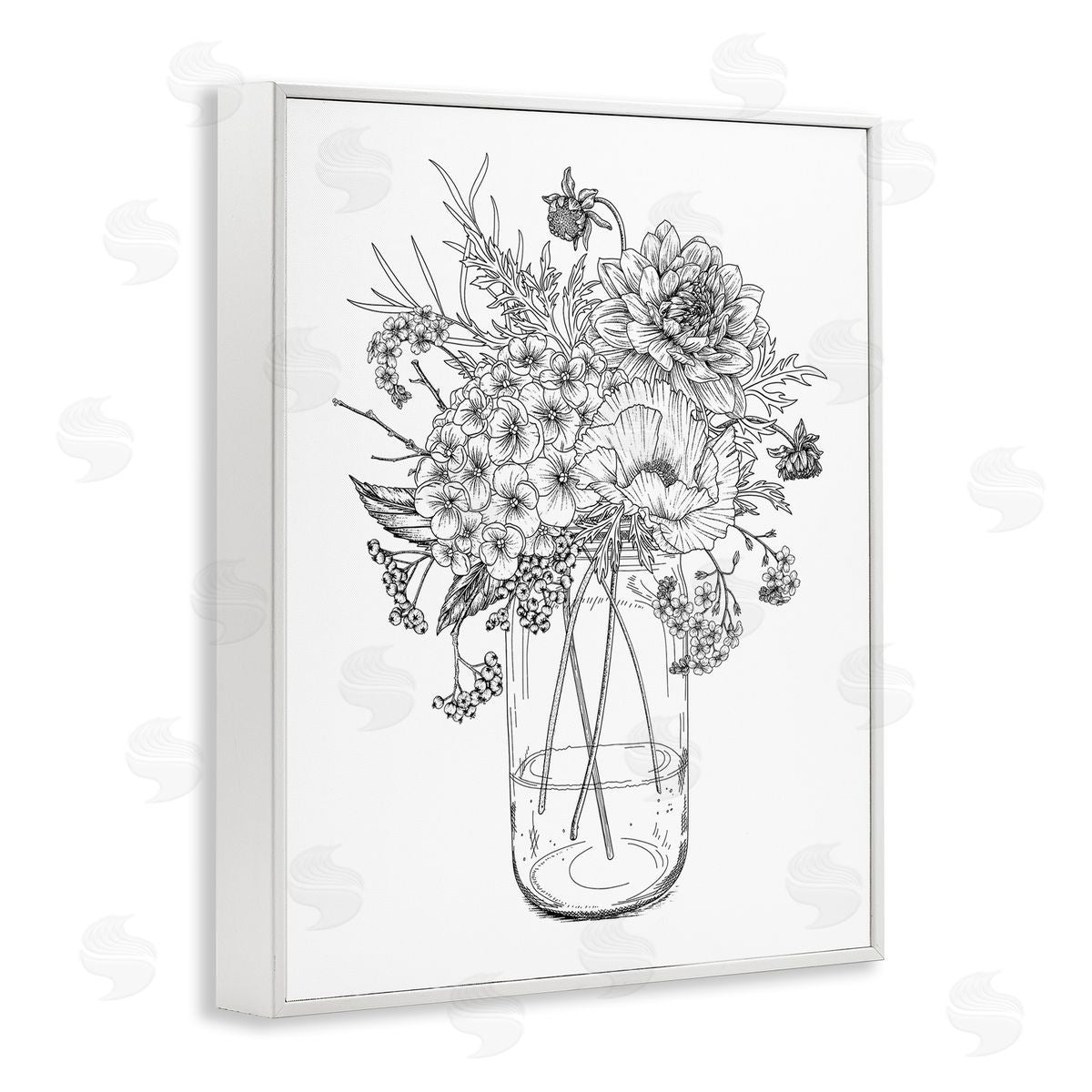 Lettered and Lined Detailed Varied Flower Bouquet Blossoming Wildflower Blooms White Framed Giclee Wall Art Print