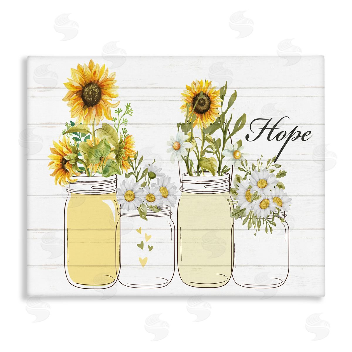 Kim Allen Hope Script Sunflower Jars Rustic Country Flowers  Stretched Canvas Wall Art Print