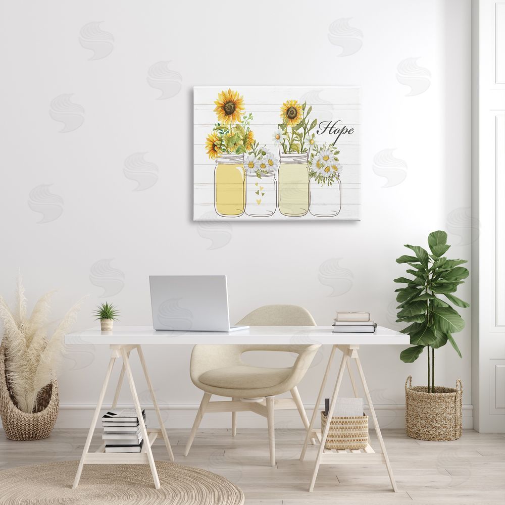 Kim Allen Hope Script Sunflower Jars Rustic Country Flowers  Canvas Wall Art Print in Room