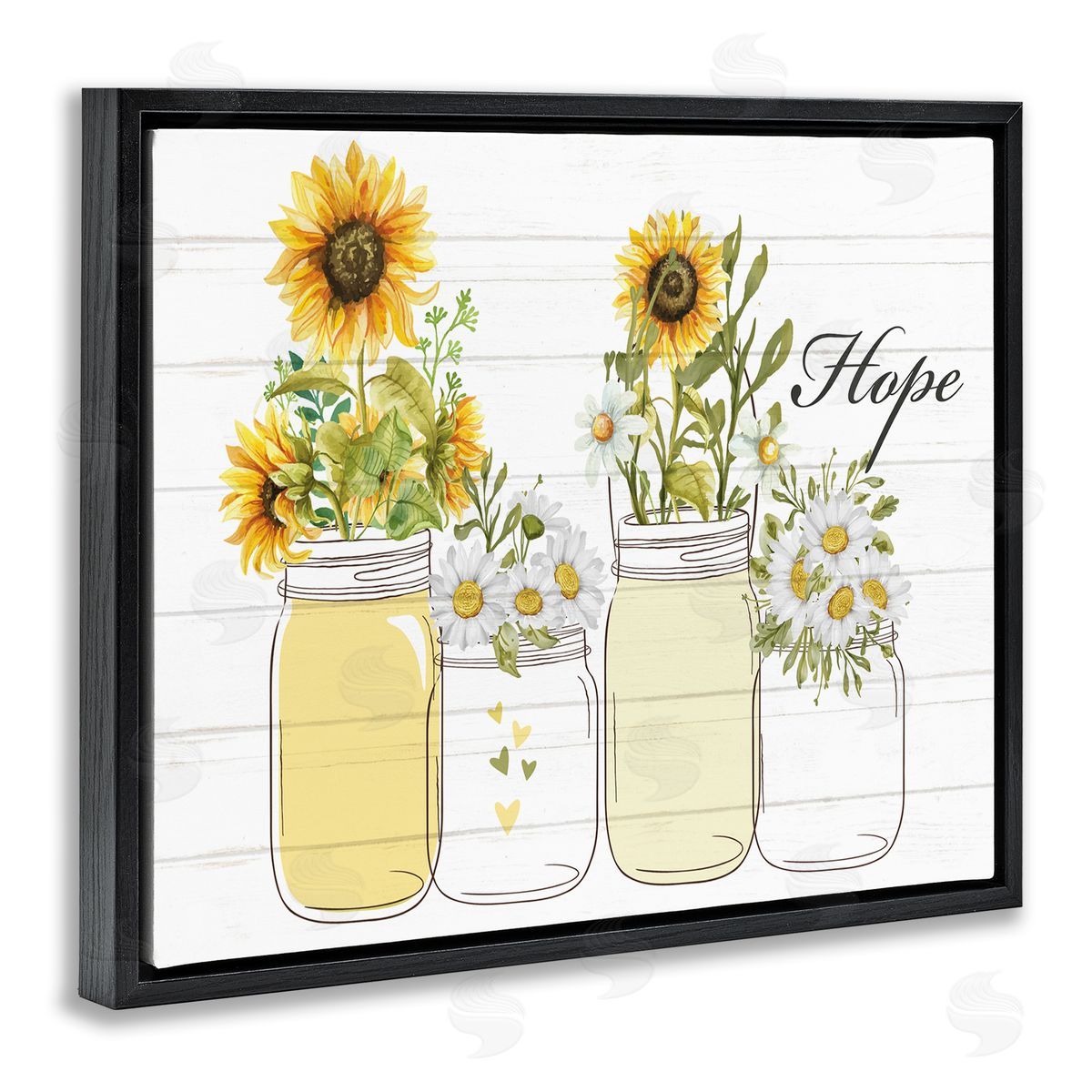 Kim Allen Hope Script Sunflower Jars Rustic Country Flowers  Black Floating Frame Canvas Wall Art Print