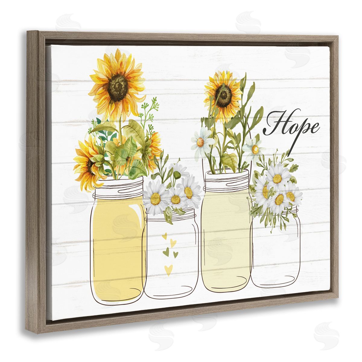 Kim Allen Hope Script Sunflower Jars Rustic Country Flowers  Brown Floating Frame Canvas Wall Art Print