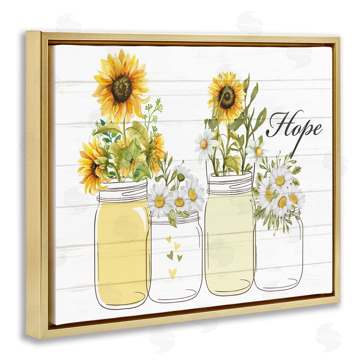 Kim Allen Hope Script Sunflower Jars Rustic Country Flowers  Gold Floating Frame Canvas Wall Art Print