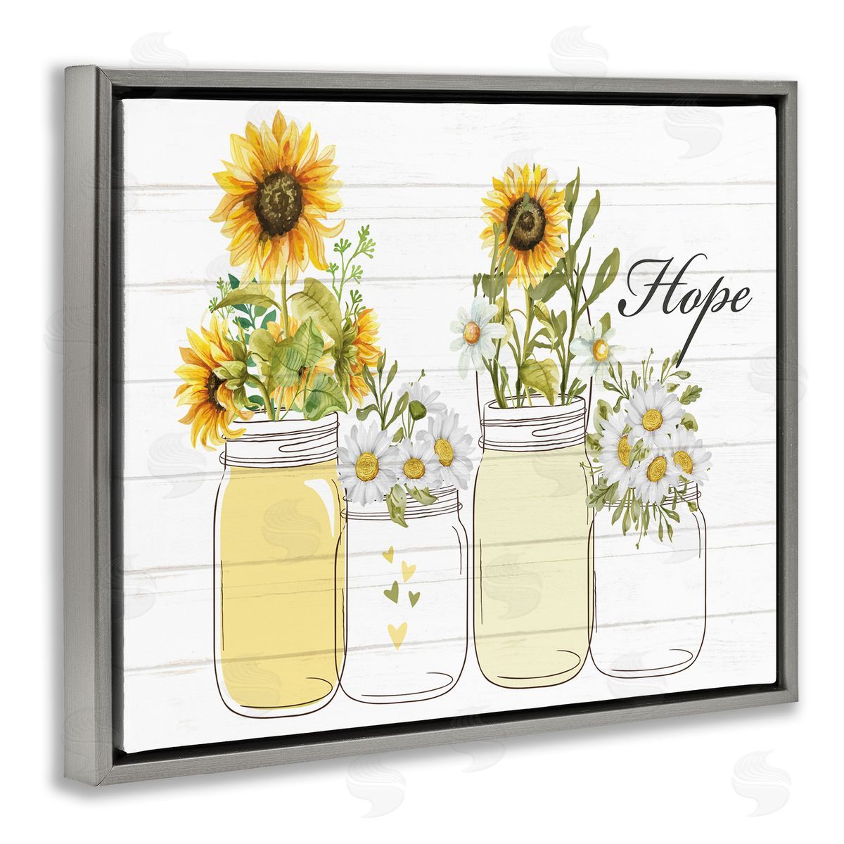 Kim Allen Hope Script Sunflower Jars Rustic Country Flowers  Gray Floating Frame Canvas Wall Art Print