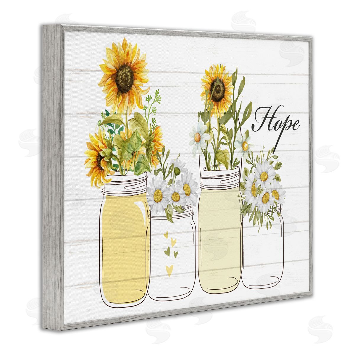 Kim Allen Hope Script Sunflower Jars Rustic Country Flowers  Gray Framed Giclee Wall Art Print