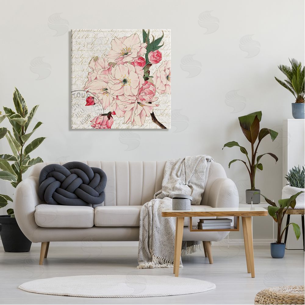 Kim Allen Vintage Pink Floral Arrangement Ornate Script Stamp Canvas Wall Art in Room