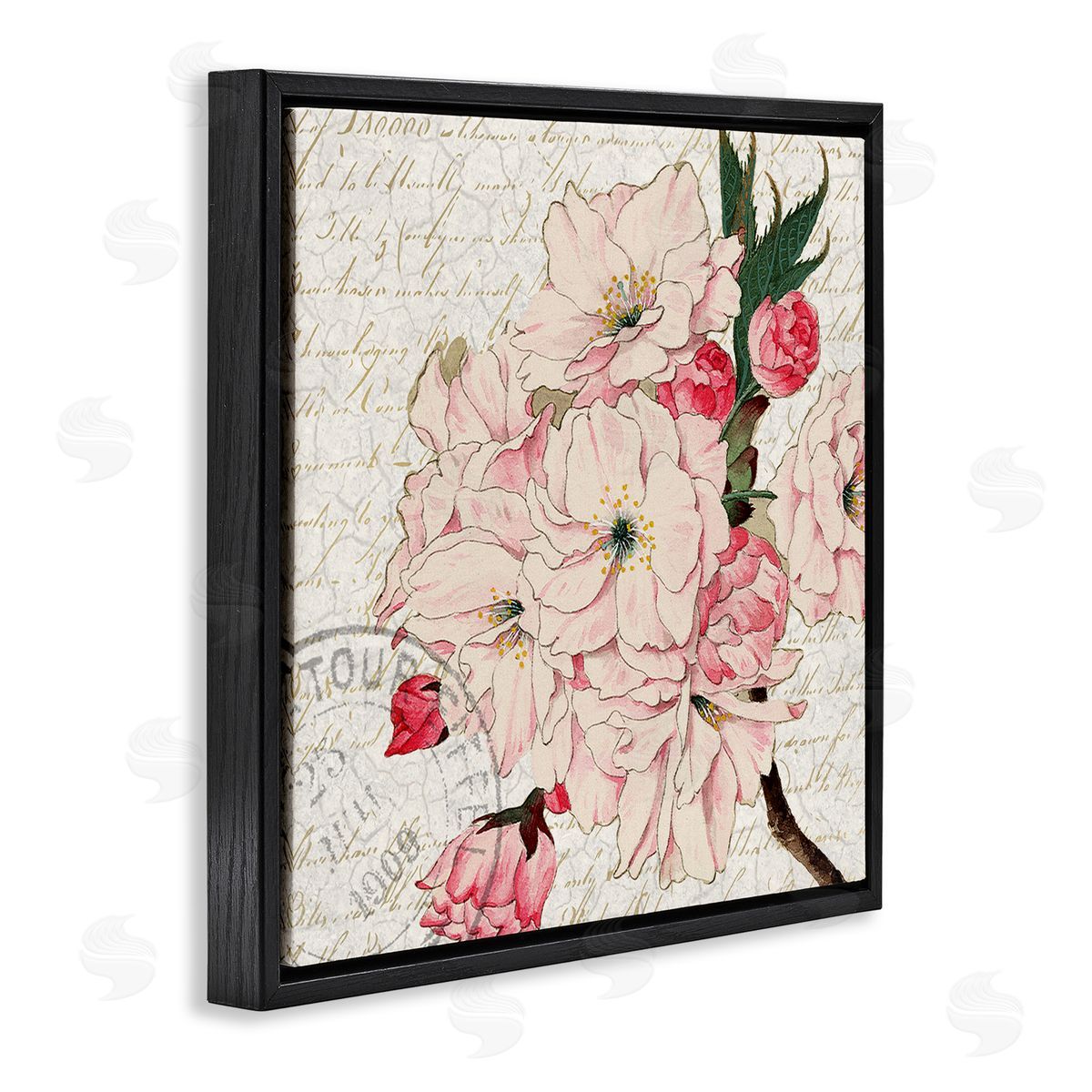 Kim Allen Vintage Pink Floral Arrangement Ornate Script Stamp Black Floating Frame Canvas Wall Art Print