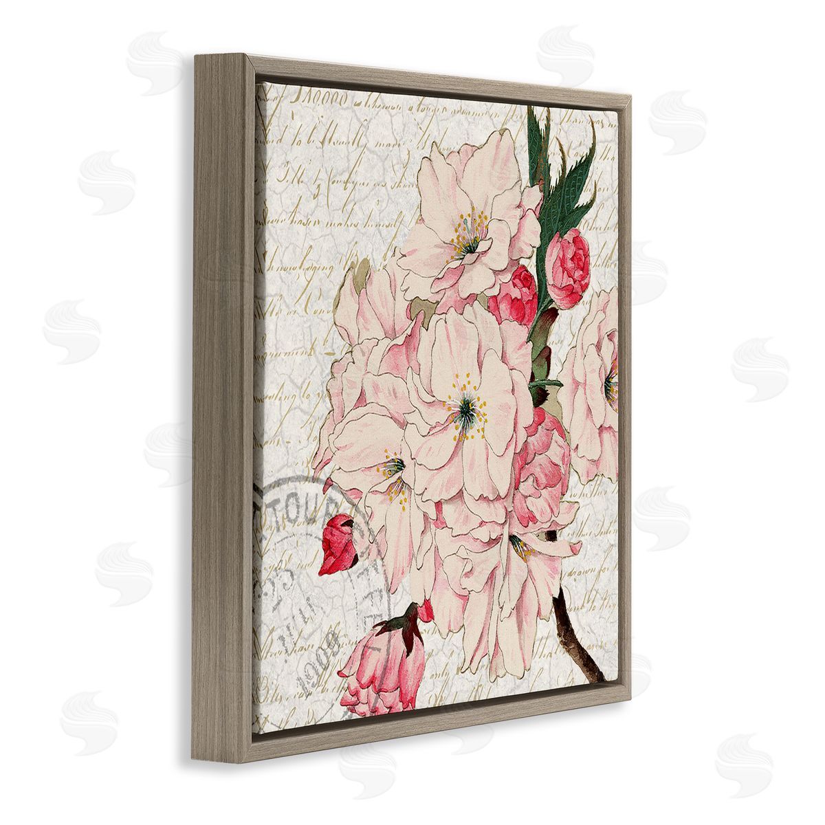 Kim Allen Vintage Pink Floral Arrangement Ornate Script Stamp Brown Floating Frame Canvas Wall Art Print