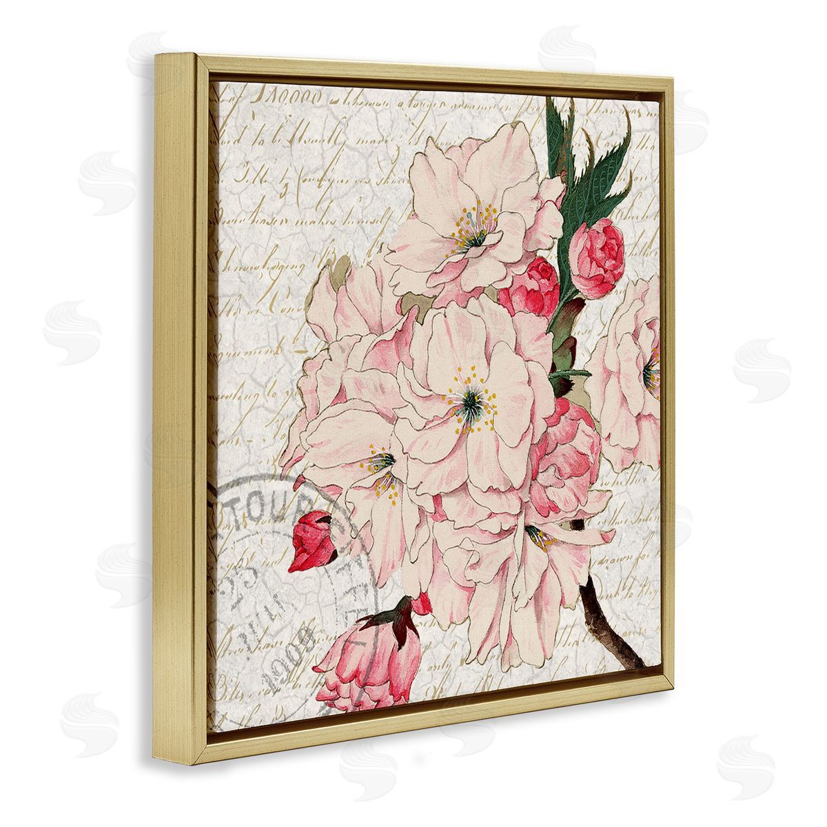 Kim Allen Vintage Pink Floral Arrangement Ornate Script Stamp Gold Floating Frame Canvas Wall Art Print