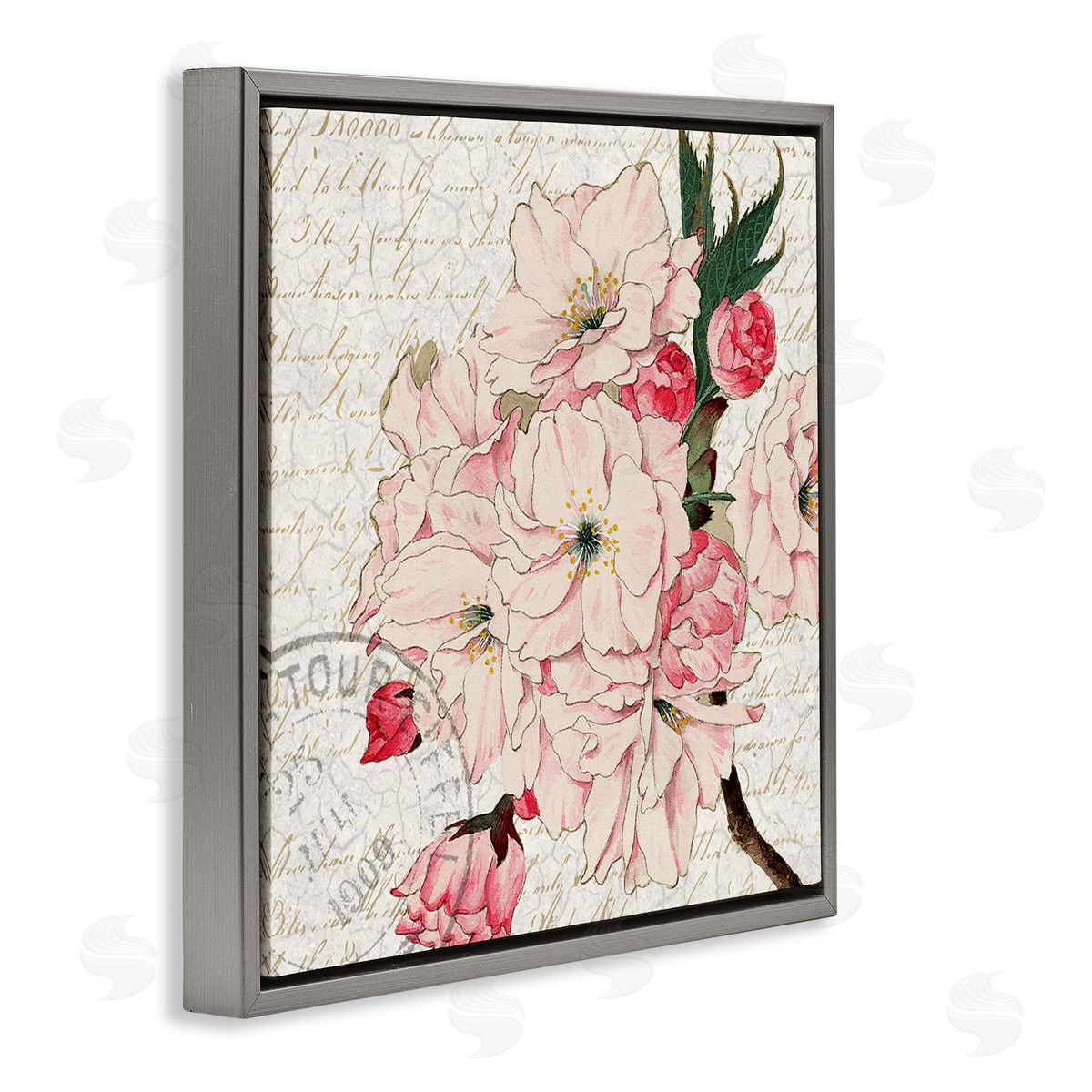 Kim Allen Vintage Pink Floral Arrangement Ornate Script Stamp Gray Floating Frame Canvas Wall Art Print