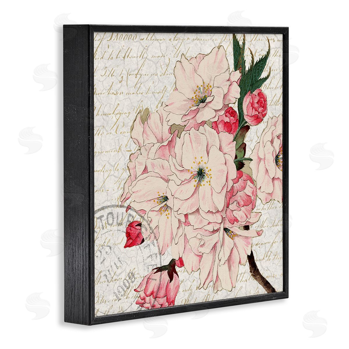 Kim Allen Vintage Pink Floral Arrangement Ornate Script Stamp Black Framed Glicee Wall Art Print