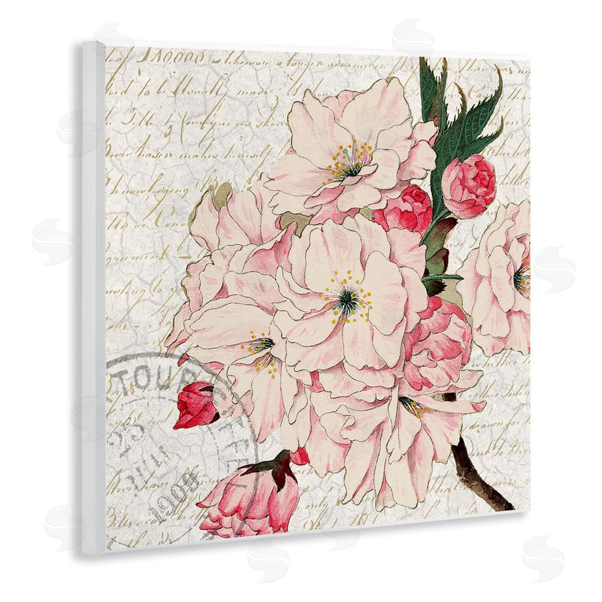 Kim Allen Vintage Pink Floral Arrangement Ornate Script Stamp Wooden Wall Plaque Art Print
