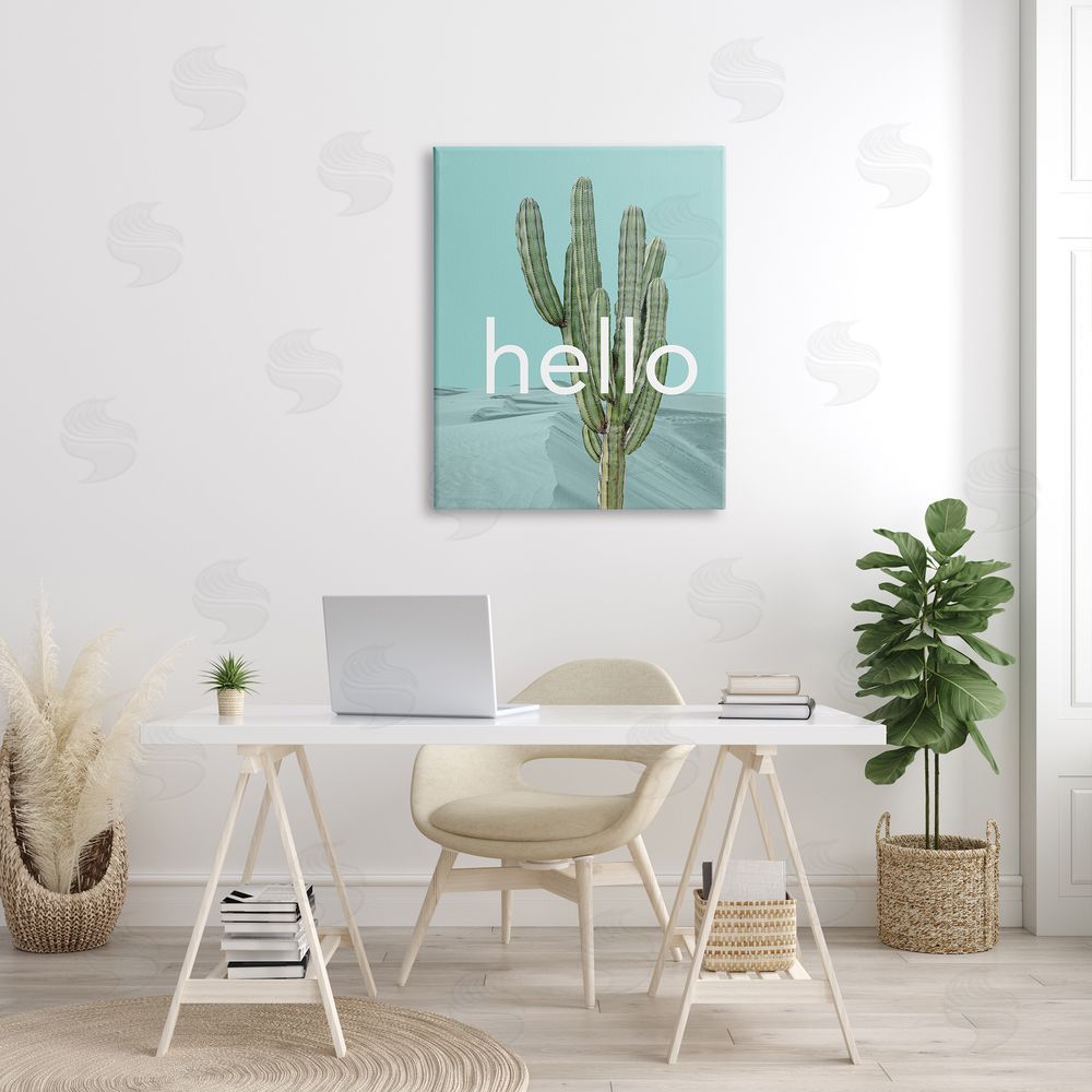 J. Weiss Bold Hello Cactus Greeting Blue Desert Dunes Canvas Wall Art Print in Room
