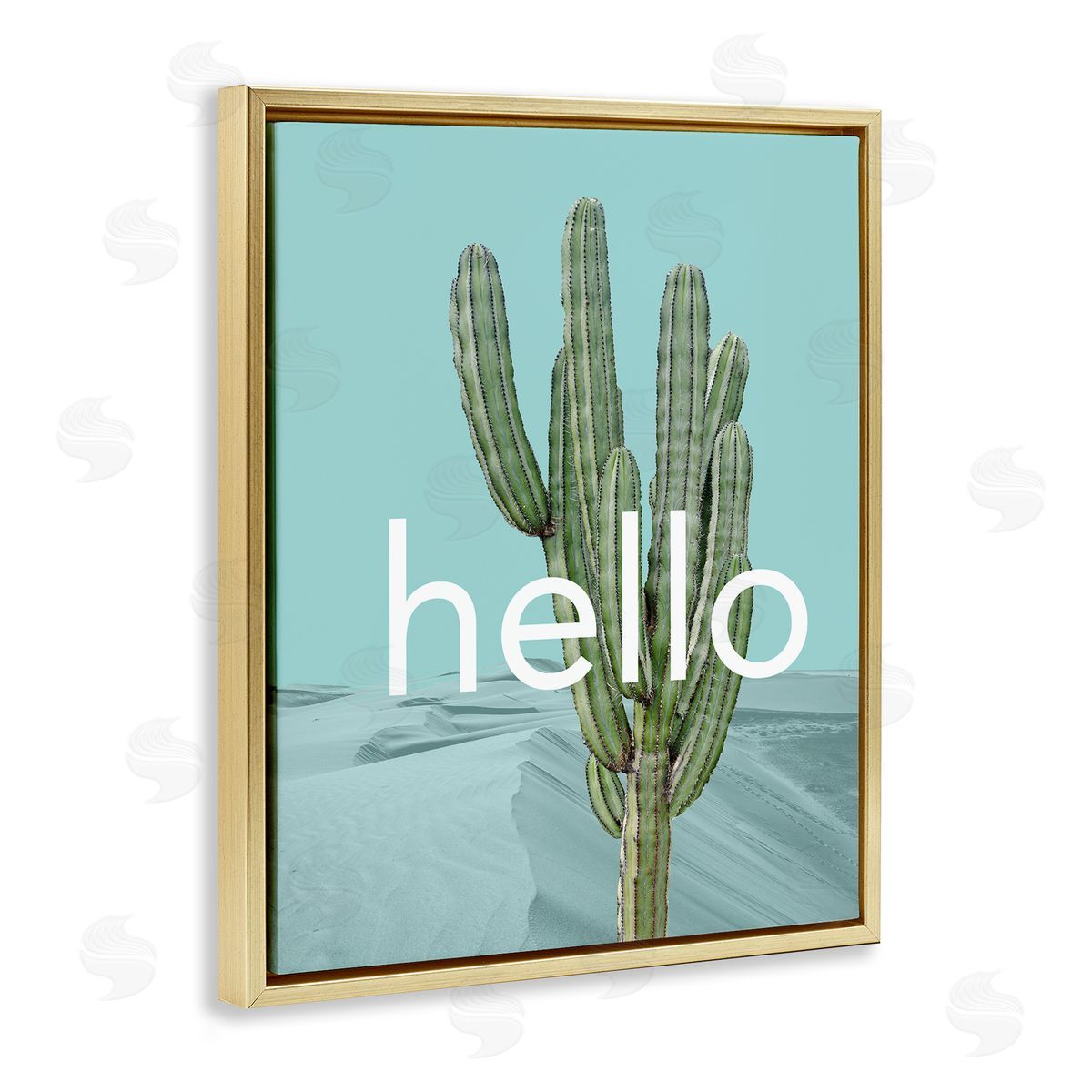 J. Weiss Bold Hello Cactus Greeting Blue Desert Dunes Gold Floating Frame Canvas Wall Art Print