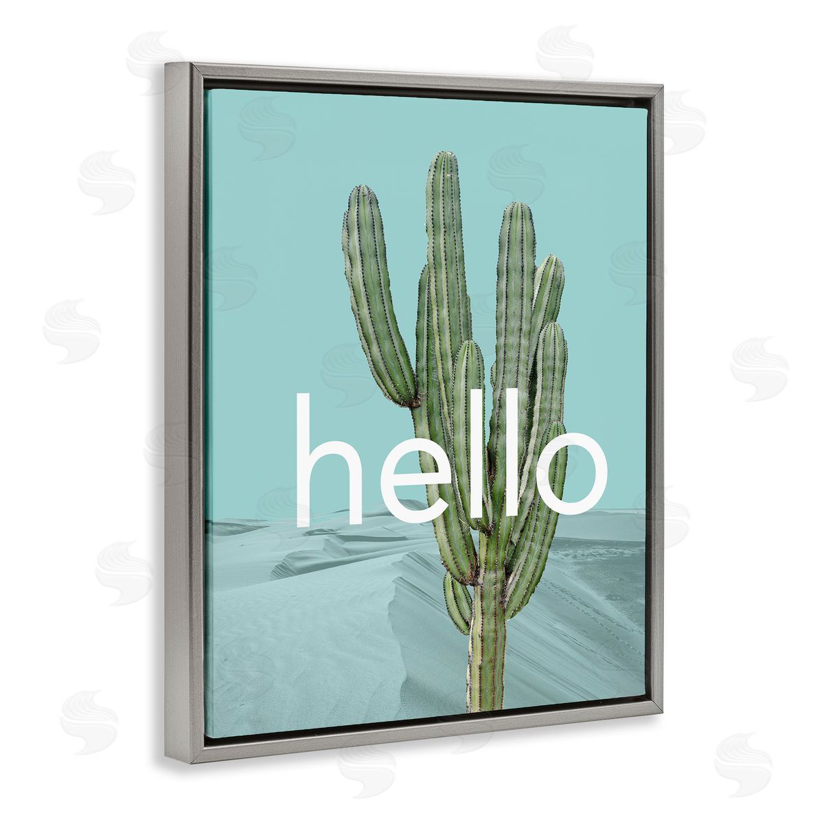 J. Weiss Bold Hello Cactus Greeting Blue Desert Dunes Gray Floating Frame Canvas Wall Art Print