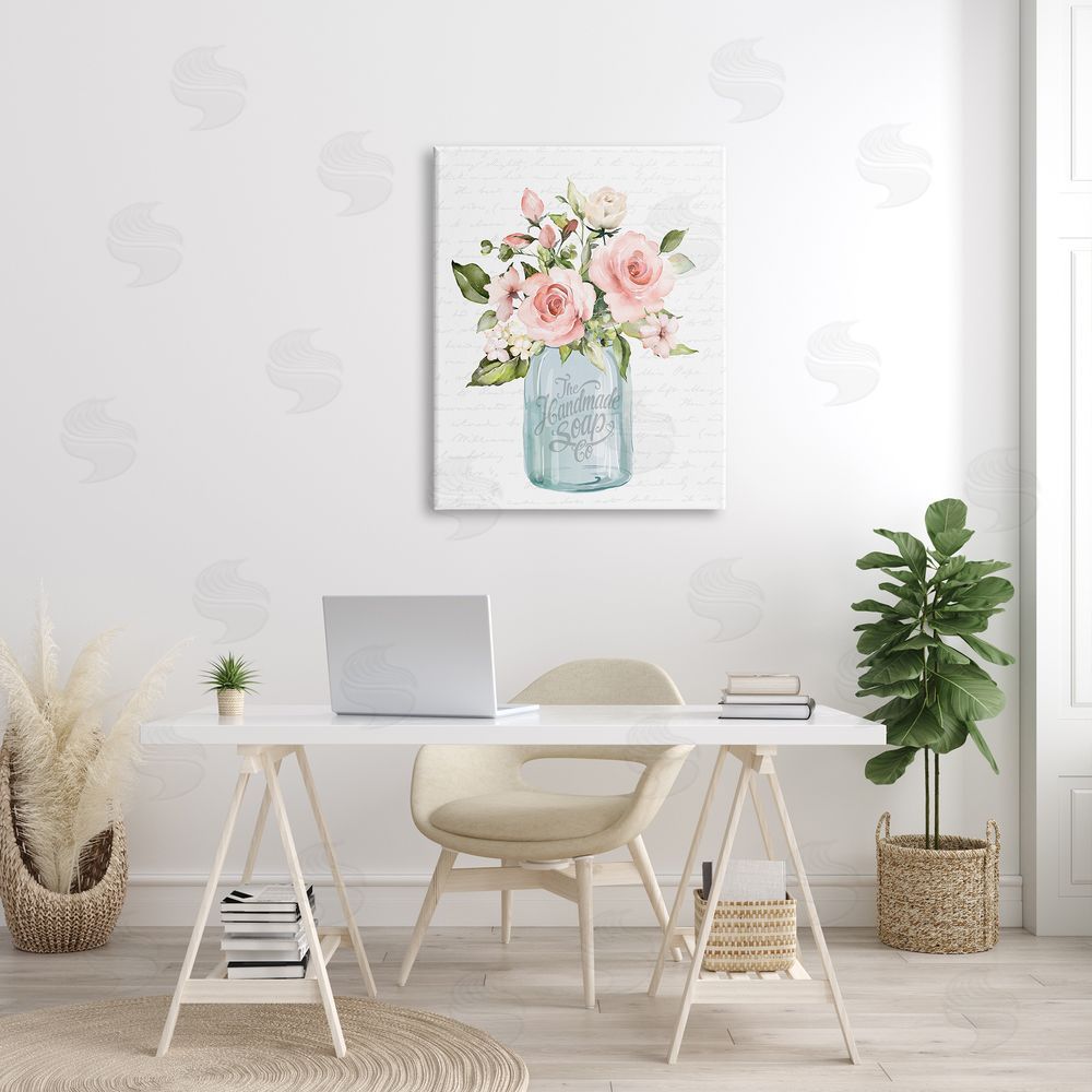 Lettered and Lined Pink Rose Blooms Country Vase Patterned Script  Canvas Wall Art Print in Room