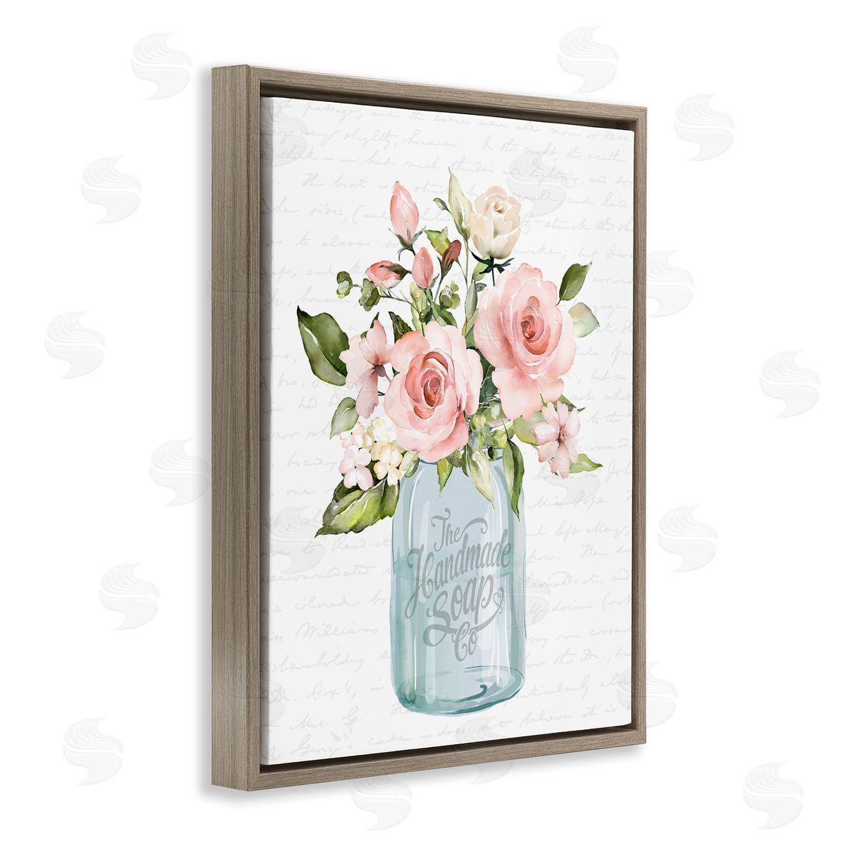 Lettered and Lined Pink Rose Blooms Country Vase Patterned Script  Brown Floating Frame Canvas Wall Art Print