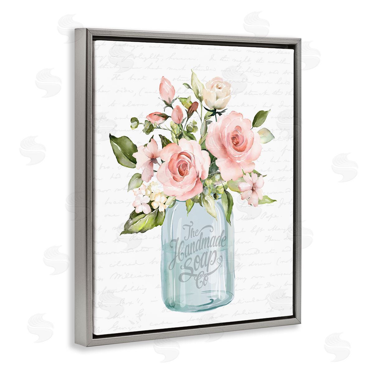 Lettered and Lined Pink Rose Blooms Country Vase Patterned Script  Gray Floating Frame Canvas Wall Art Print
