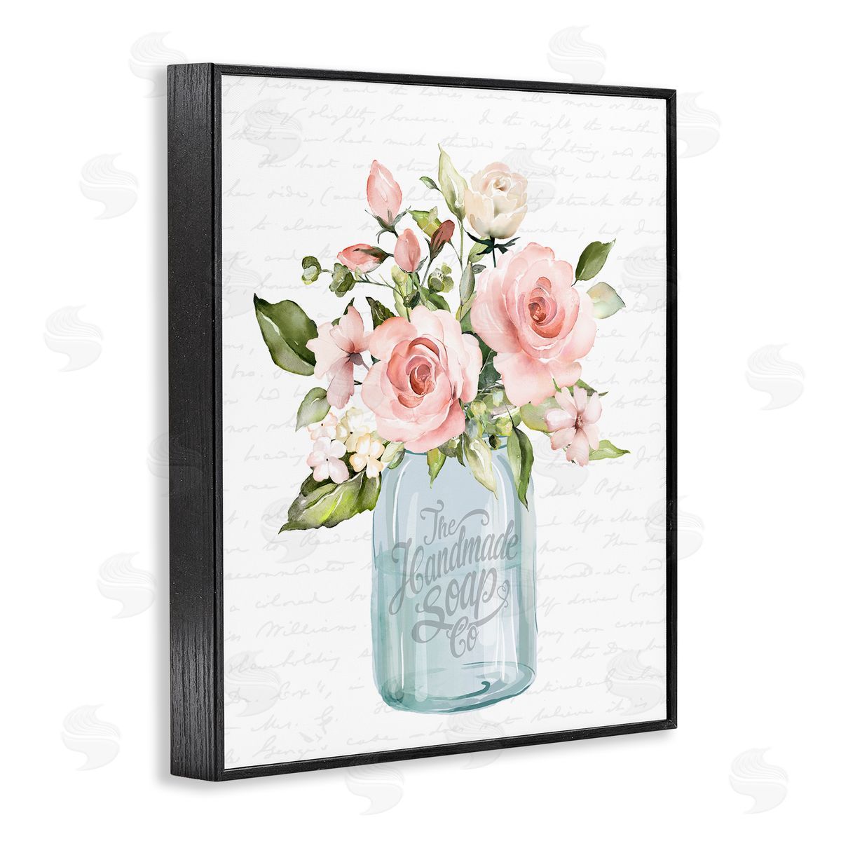 Lettered and Lined Pink Rose Blooms Country Vase Patterned Script  Black Framed Giclee Wall Art Print