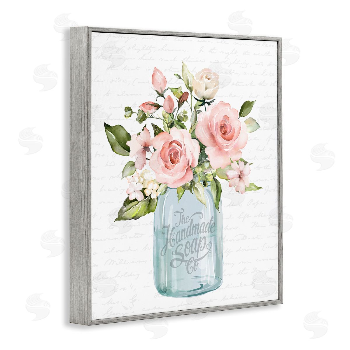Lettered and Lined Pink Rose Blooms Country Vase Patterned Script  Gray Framed Giclee Wall Art Print