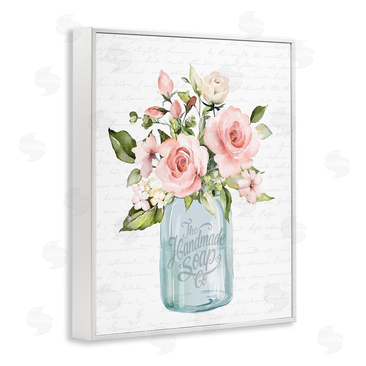 Lettered and Lined Pink Rose Blooms Country Vase Patterned Script  White Framed Giclee Wall Art Print