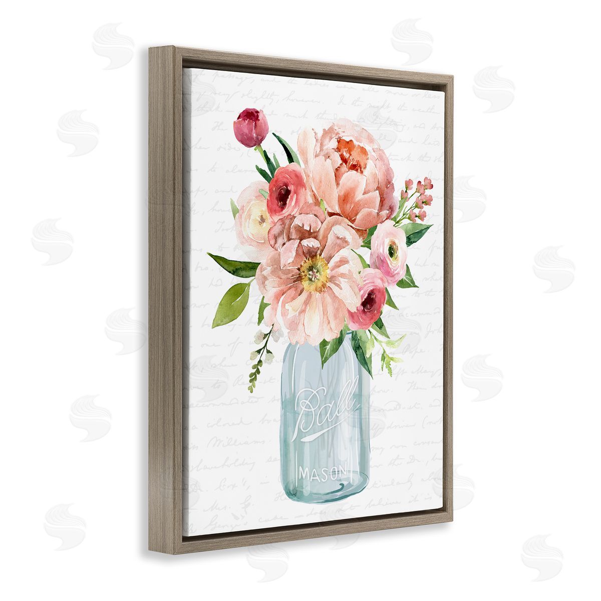 Lettered and Lined Pink Peony Flowers Jar Arrangement Script Pattern Brown Floating Frame Canvas Wall Art Print