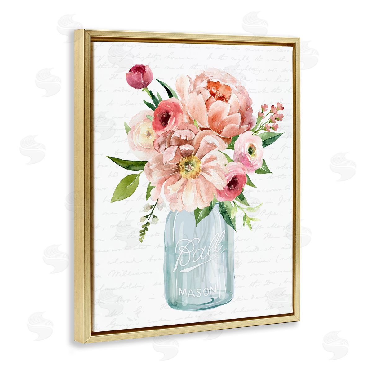 Lettered and Lined Pink Peony Flowers Jar Arrangement Script Pattern Gold Floating Frame Canvas Wall Art Print