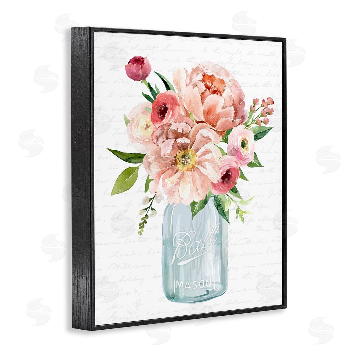 Lettered and Lined Pink Peony Flowers Jar Arrangement Script Pattern Black Framed Giclee Wall Art Print
