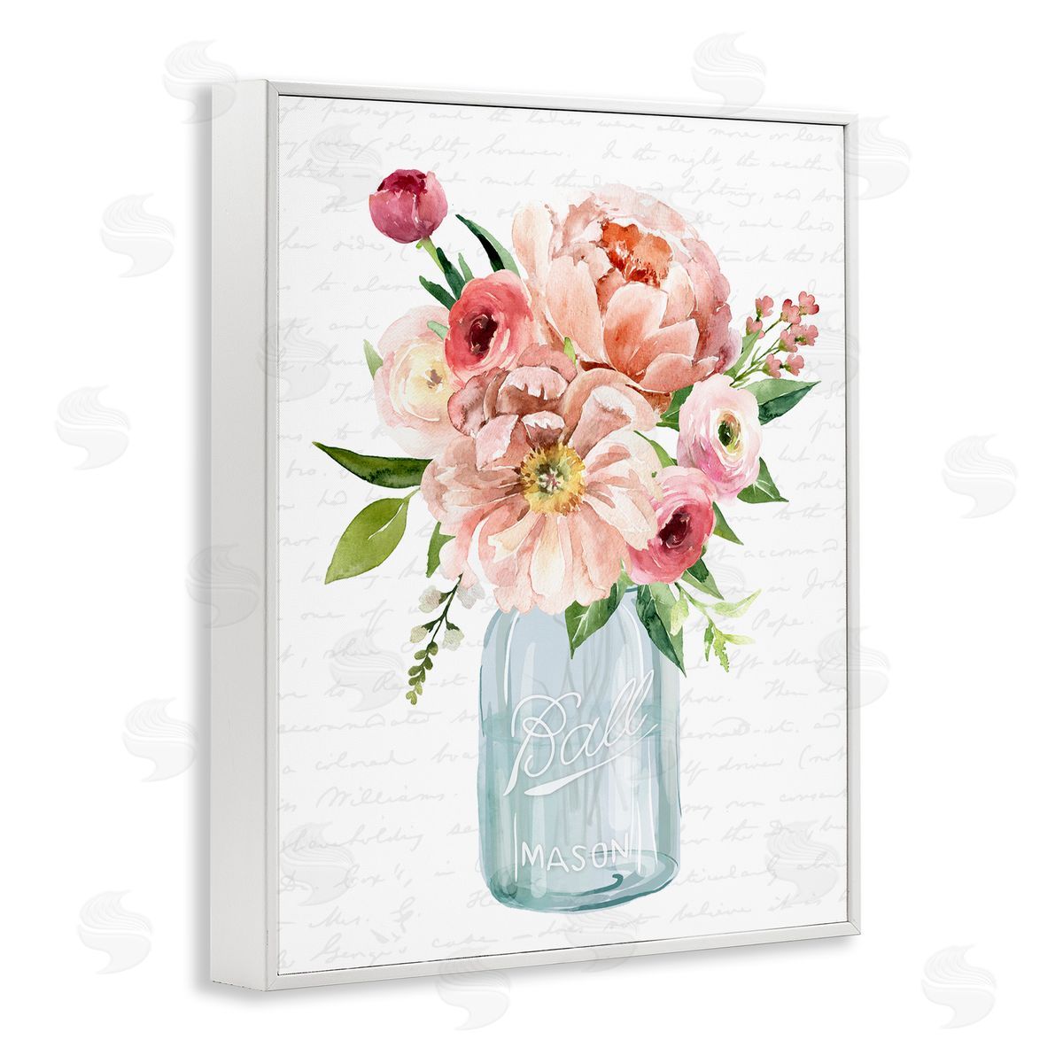 Lettered and Lined Pink Peony Flowers Jar Arrangement Script Pattern White Framed Giclee Wall Art Print