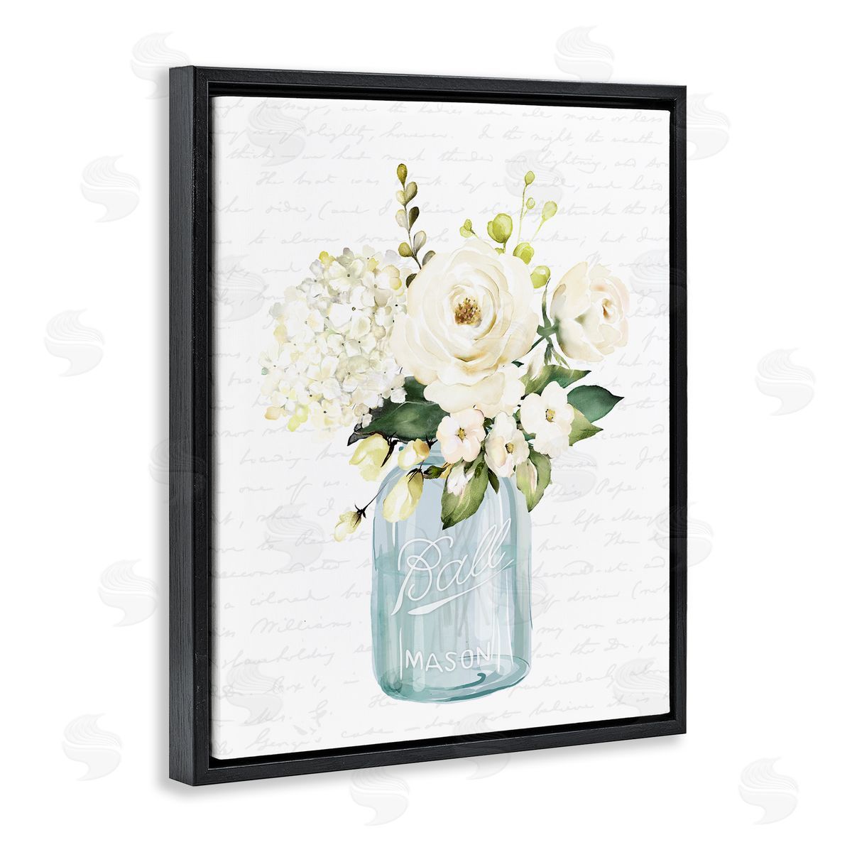 Lettered and Lined Classic White Flower Bouquet Vintage Text Script Black Floating Frame Canvas Wall Art Print