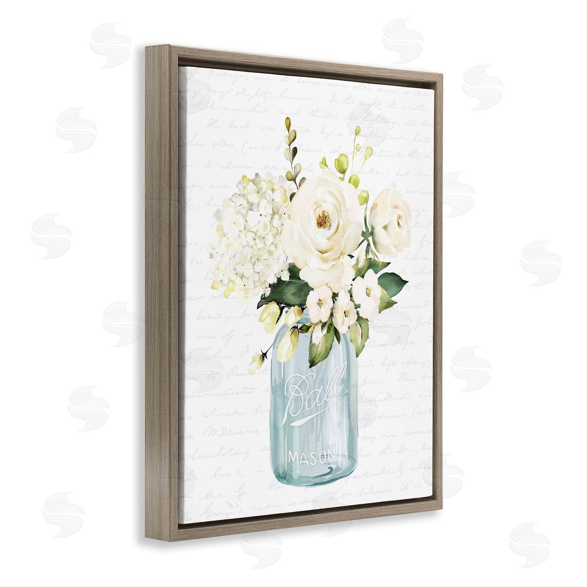 Lettered and Lined Classic White Flower Bouquet Vintage Text Script Brown Floating Frame Canvas Wall Art Print