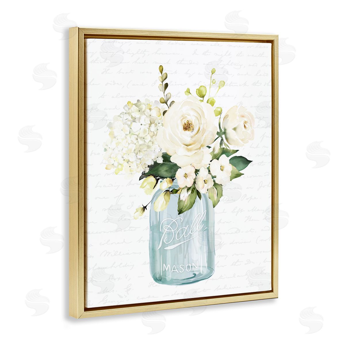 Lettered and Lined Classic White Flower Bouquet Vintage Text Script Gold Floating Frame Canvas Wall Art Print