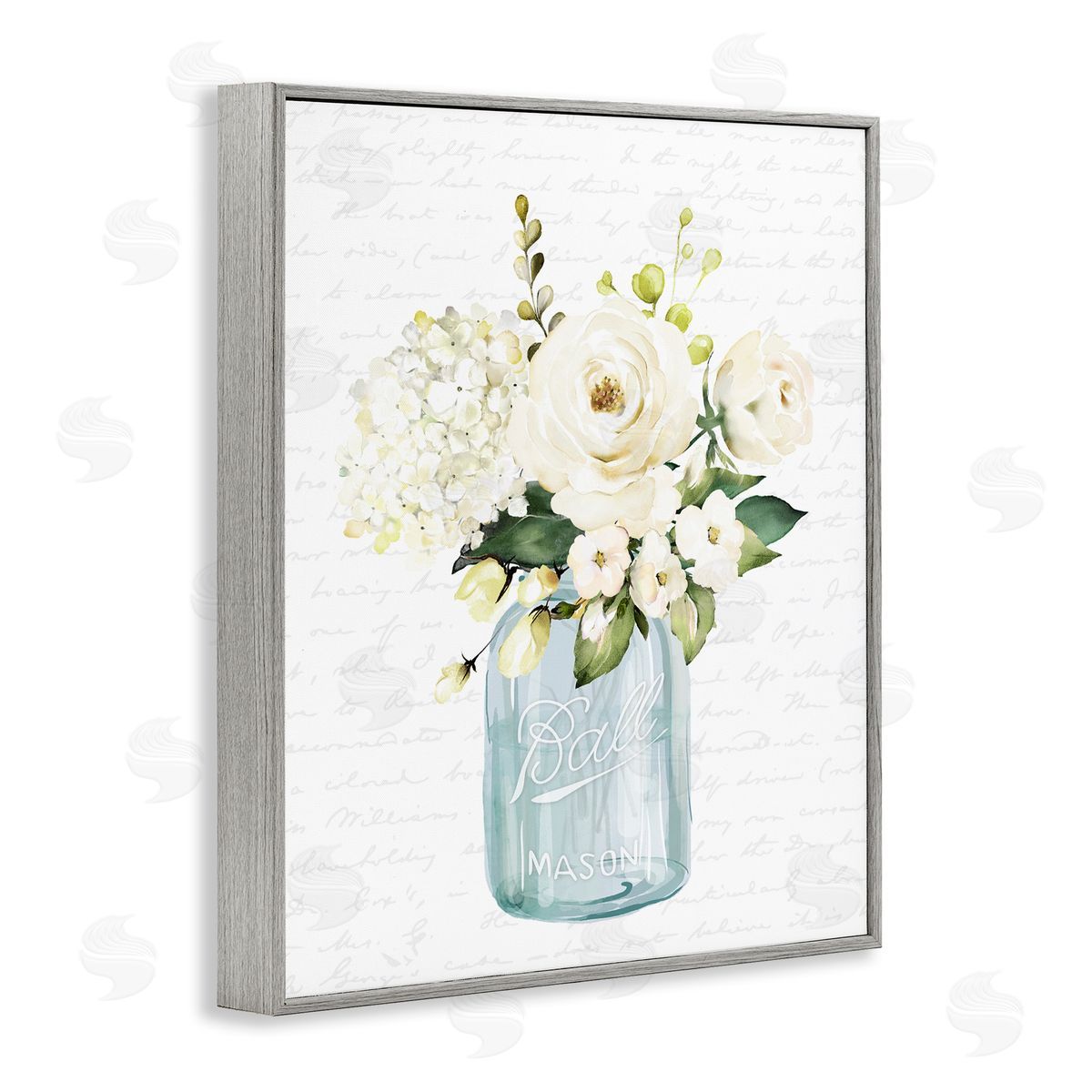 Lettered and Lined Classic White Flower Bouquet Vintage Text Script Gray Framed Giclee Wall Art Print