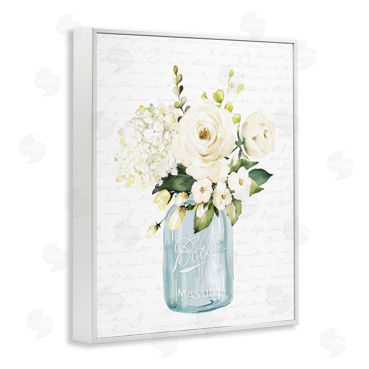 Lettered and Lined Classic White Flower Bouquet Vintage Text Script White Framed Giclee Wall Art Print