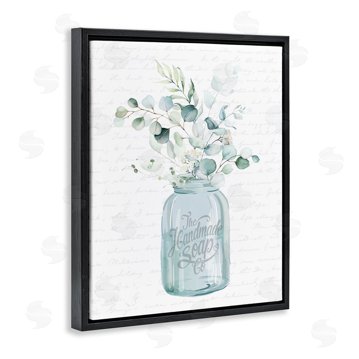 Lettered and Lined Botanical Sprigs Arrangement Vintage Jar Cursive Script Black Floating Frame Canvas Wall Art Print