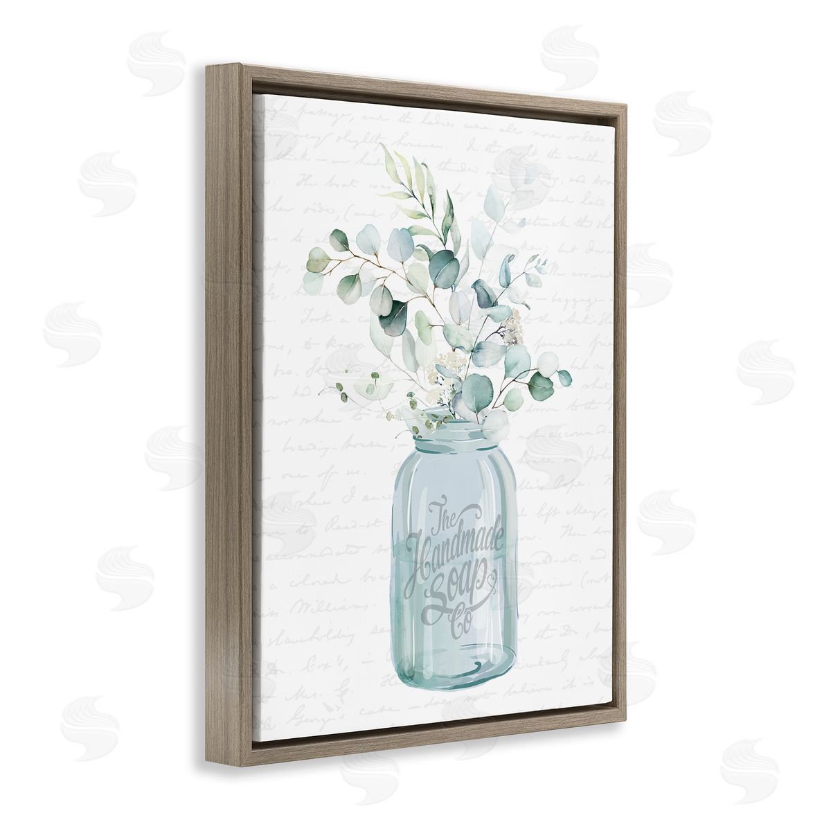 Lettered and Lined Botanical Sprigs Arrangement Vintage Jar Cursive Script Brown Floating Frame Canvas Wall Art Print