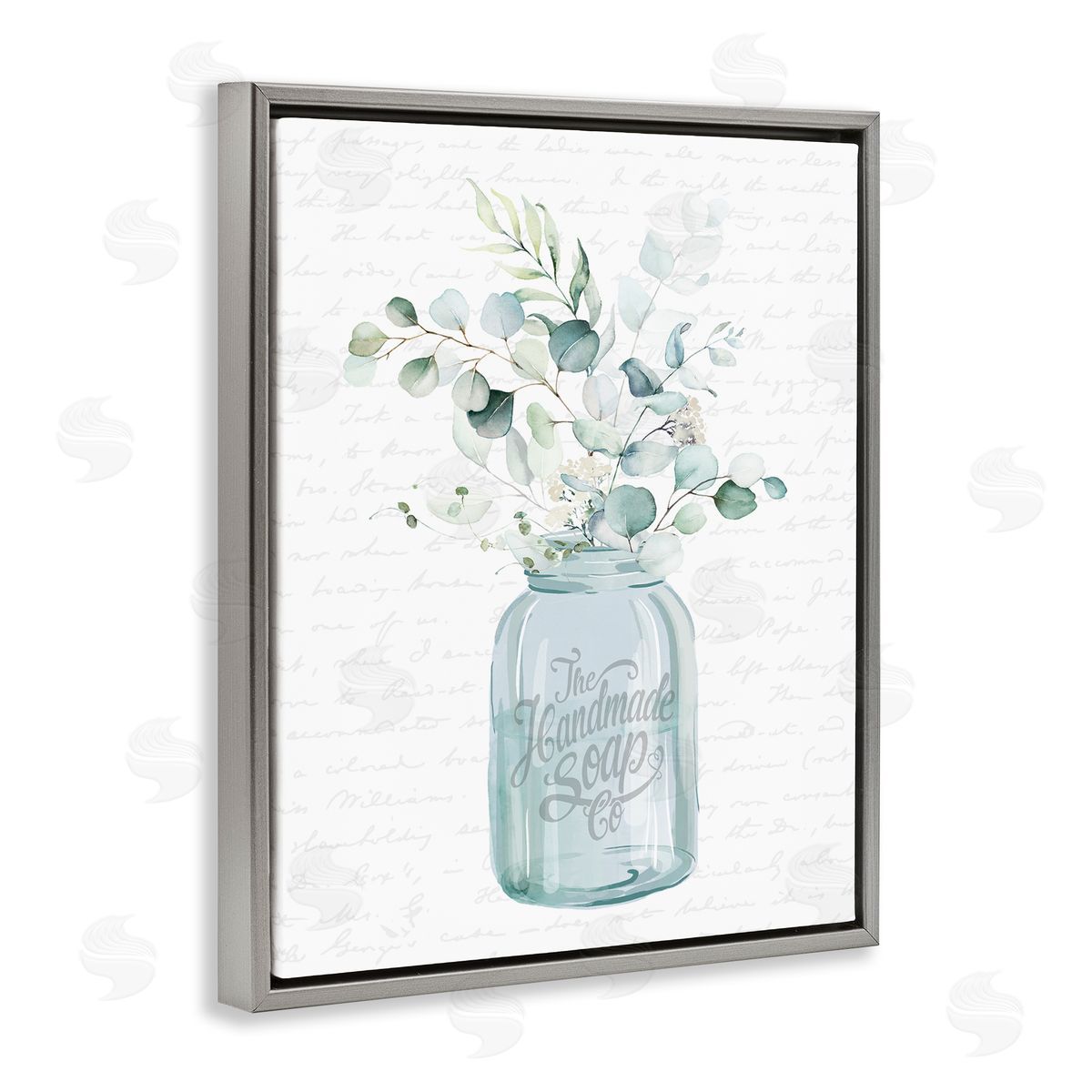 Lettered and Lined Botanical Sprigs Arrangement Vintage Jar Cursive Script Gray Floating Frame Canvas Wall Art Print